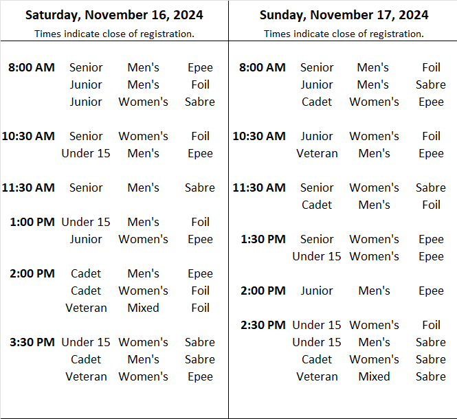 2024-2025 Brock Fencing Open Schedule